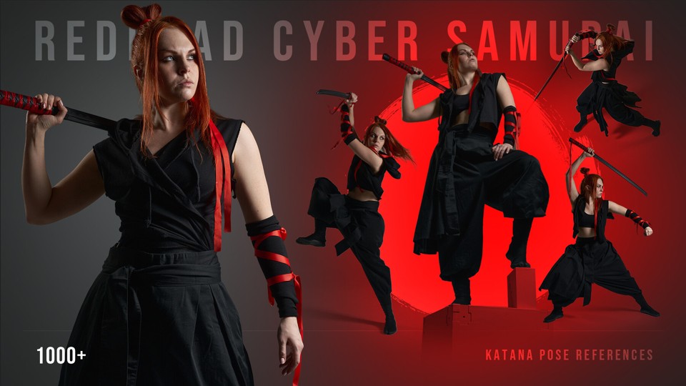 1000+ референсов кибер-самурайки с катаной | 1000+ Redhead Cyber Samurai Girl